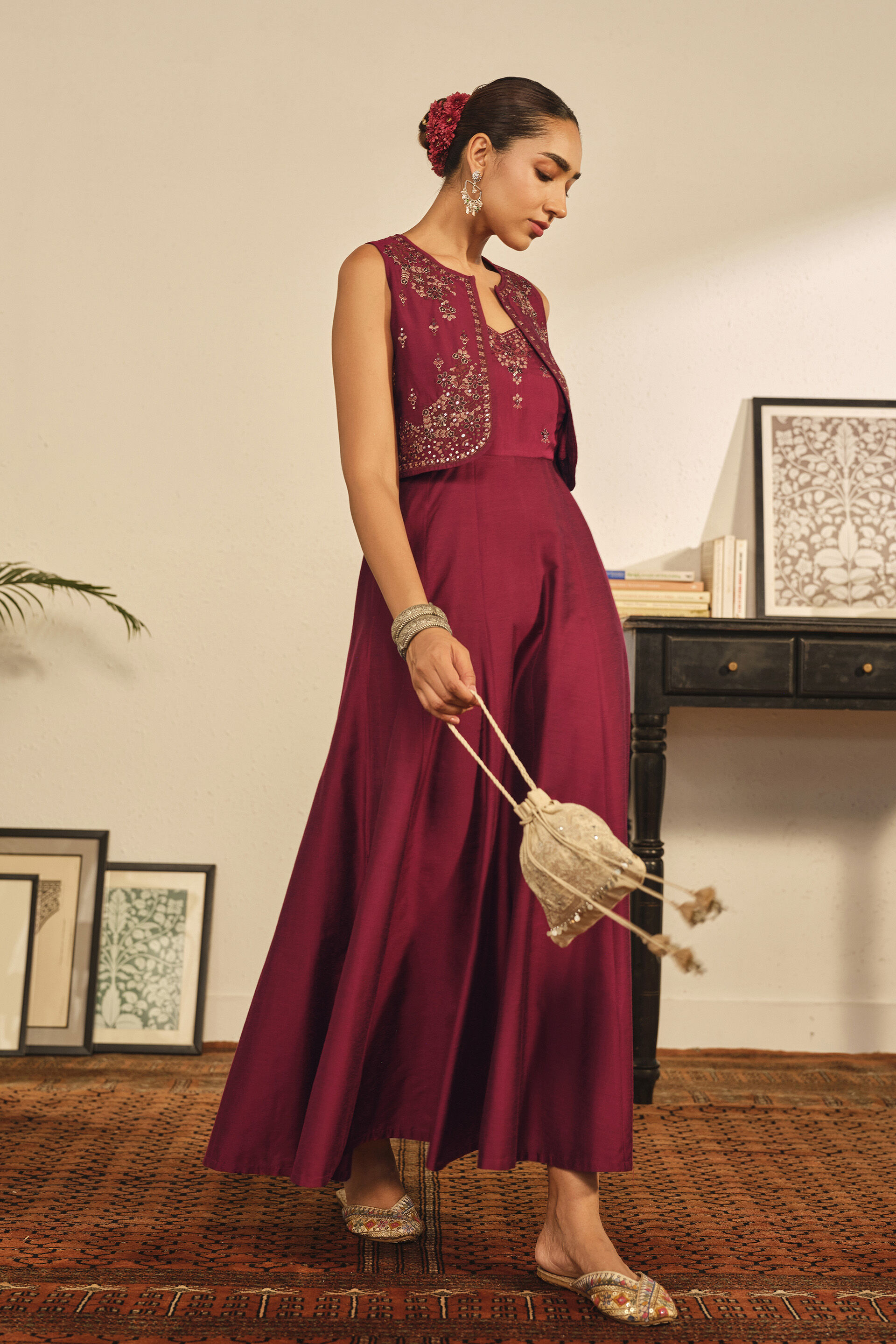 Embroidered Maxi Dress Set in Maroon, Maroon, image 3